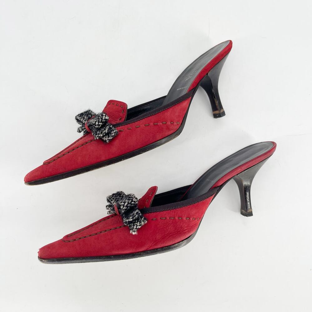 Prada Vintage Red Suede Tweed Bow Pointed Toe Kitten Heel Mule Heels IT 36.5 - Picture 5 of 11
